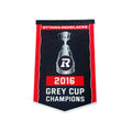 A vertical pennant banner celebrating the Ottawa Redblacks 2016 Grey Cup Champions, featuring a black background with red side borders, a silver trophy graphic, and white text.