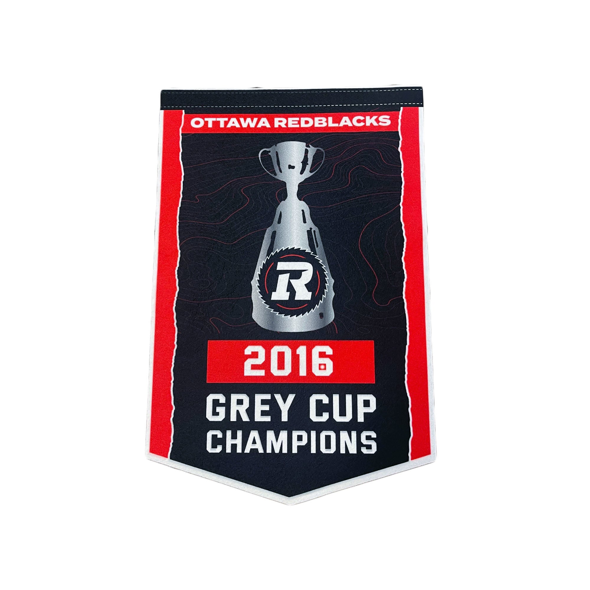 A vertical pennant banner celebrating the Ottawa Redblacks 2016 Grey Cup Champions, featuring a black background with red side borders, a silver trophy graphic, and white text.